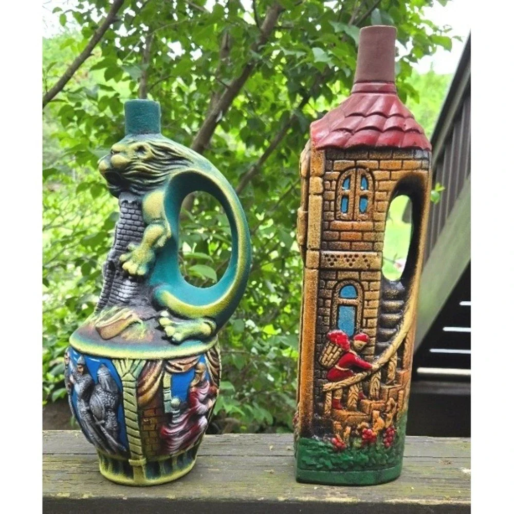 Vintage‎ USSR Georgian Ceramic Wine Bottle Pair Tower Lion Decanter